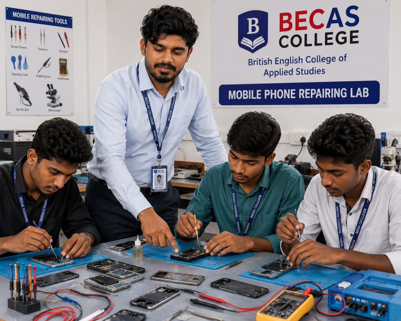 Mobile phone repairing practical class at BECAS College